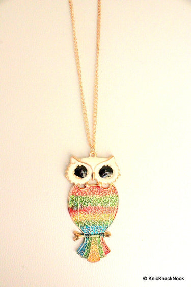 Stunning Owl Gold and Multicoloured Large Pendant Necklace